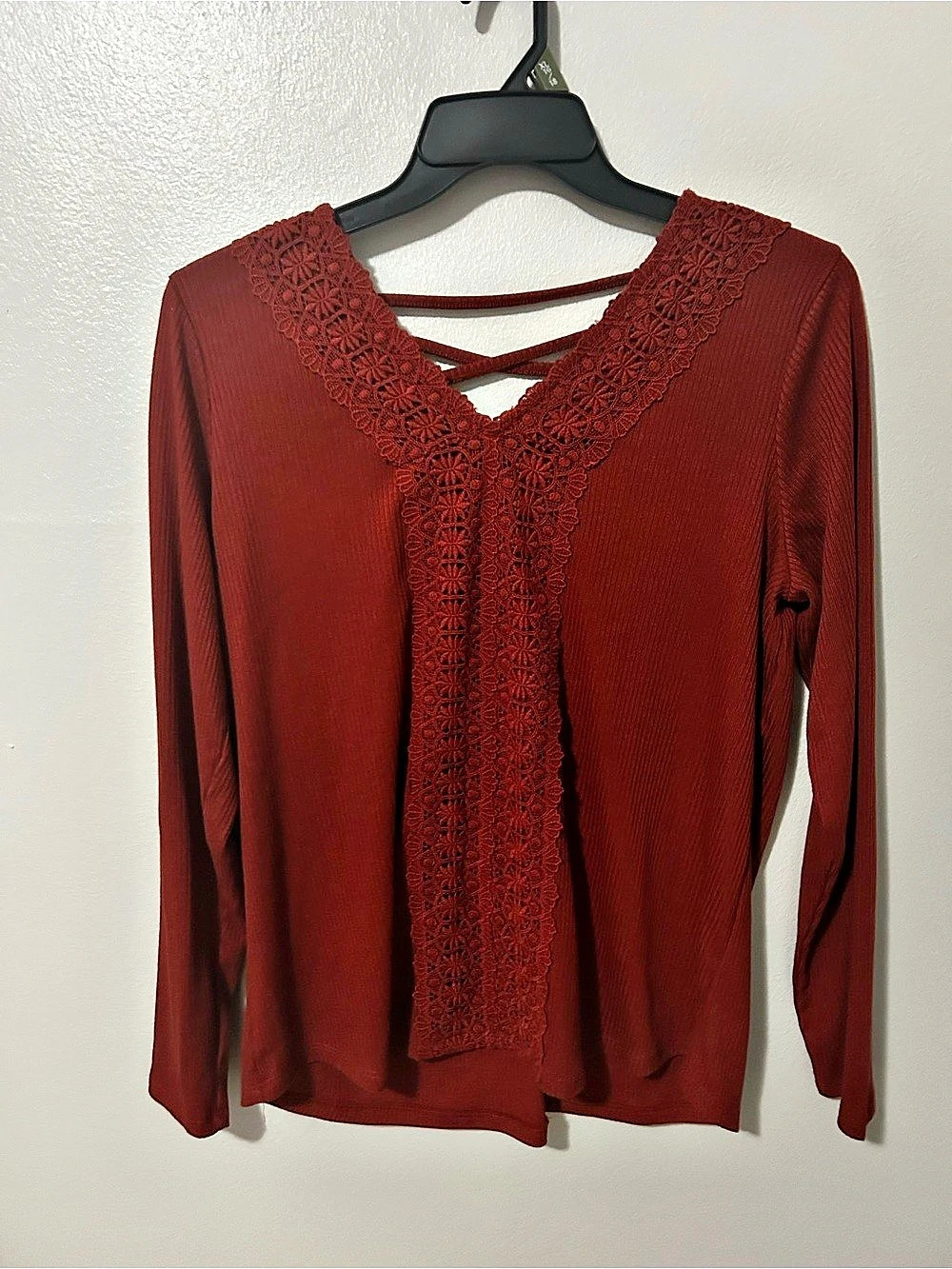 Lace Trim Back-Tie Blouse in Red Medium NWT
